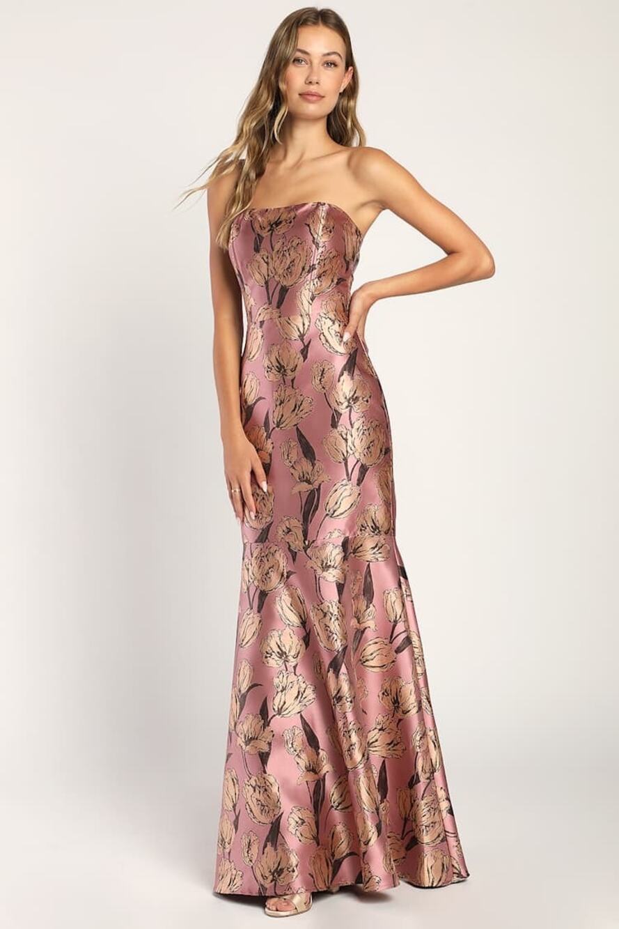 NWT Lulus Gowning Around Mauve Floral Jacquard Strapless Maxi Dress Party Gala L